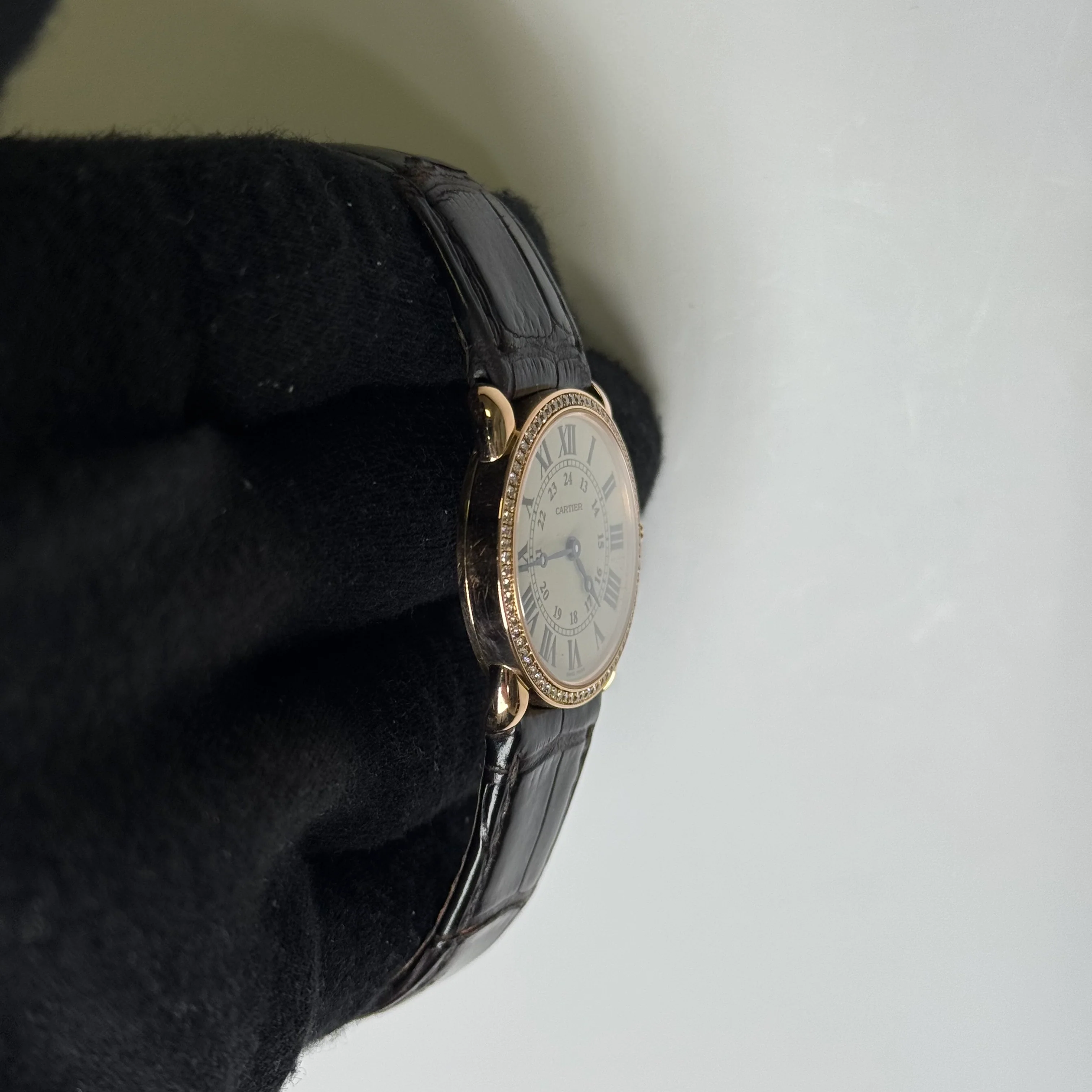Cartier Ronde Louis 28mm 18K Rose Gold Cream Roman Dial Watch Factory Diamond Bezel With Black Leather Strap REF# 2886 - Image 3